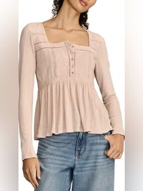 Lucky Brand Blush Peplum Square-Neck Ribbed Long-Sleeve Top